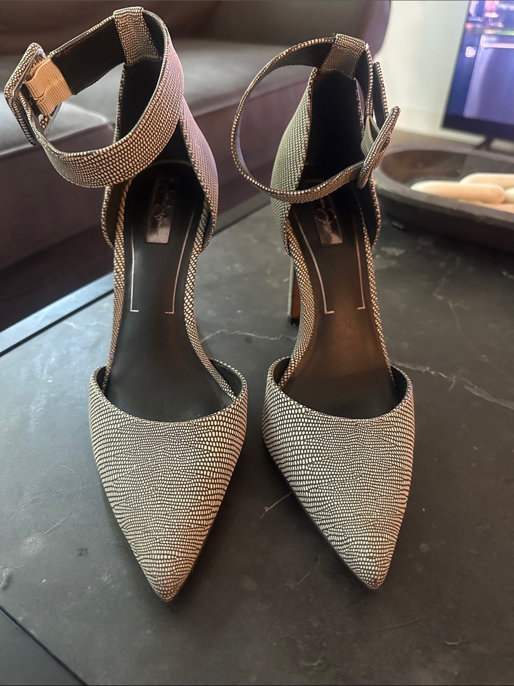 Jessica Simpson Ankle-Strap Pointed Toe Pumps in Black & White